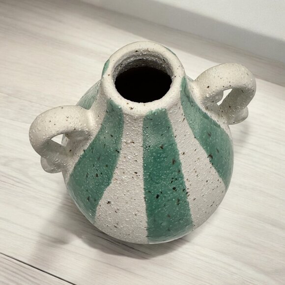 Pottery Vase Stripes Green White Handles Home Decor Speckled - Picture 3 of 5